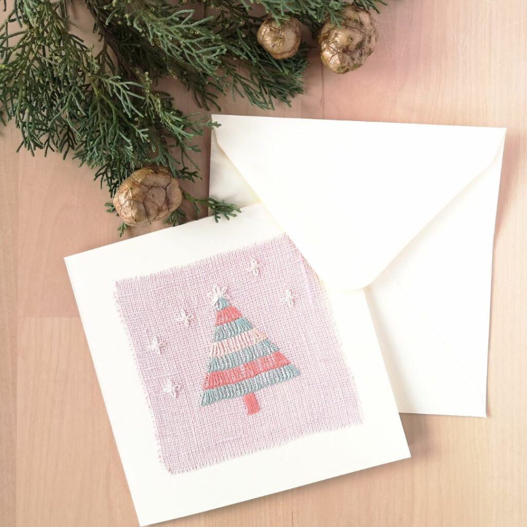 Tarjeta hecha a mano con bordado de árbol de Navidad