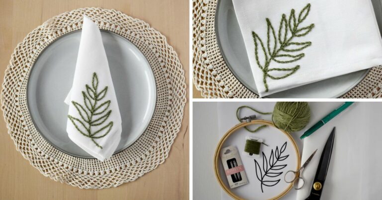 DIY servilletas bordadas con una rama de olivo: Descarga gratuita del patrón y tutorial paso a paso de bordado a mano