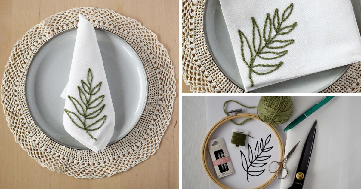 DIY servilletas bordadas con una rama de olivo