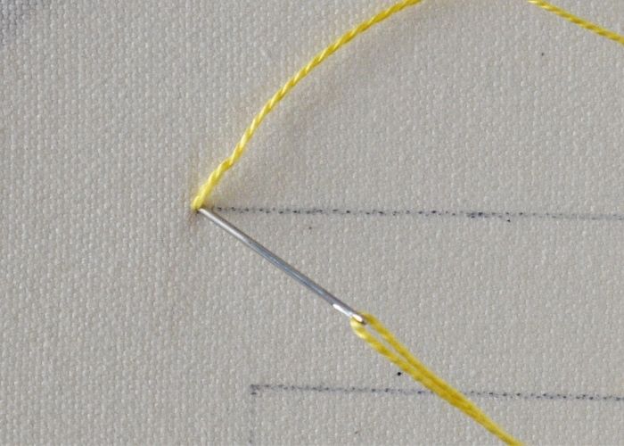 Take the needle to the surface, pull the thread through, and stab the needle to the same starting point. This will form a loop on the surface.